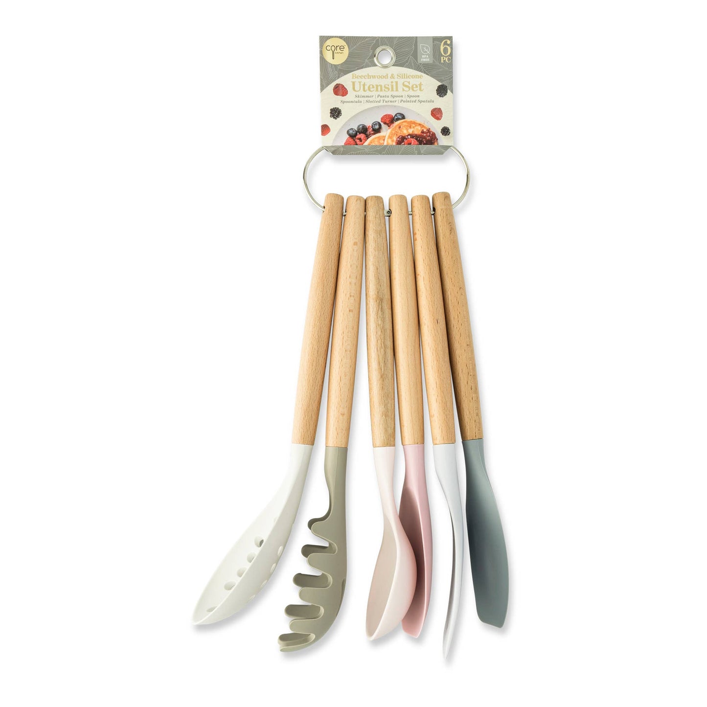 6pc Beechwood & Silicone Utensil Set - FS/LGY/BRG/RWP/LIA/OV