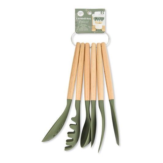 6pc Beechwood & Silicone Utensil Set - Weathered Fern