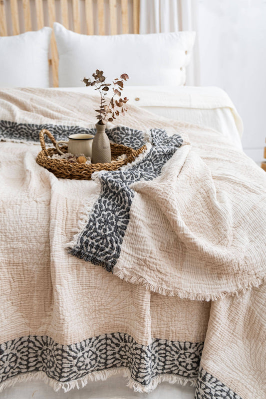 Crane Muslin Bed Blanket King Size, Adult Size Muslin, Beige