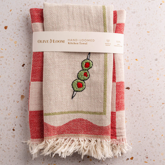 Olive Hand-Stitched Tea Towel Set
