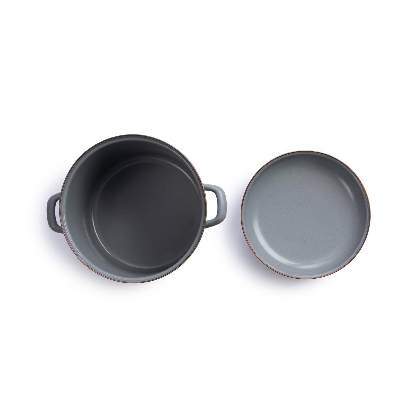 Gray cookware set with a pot and a frying pan on a white background