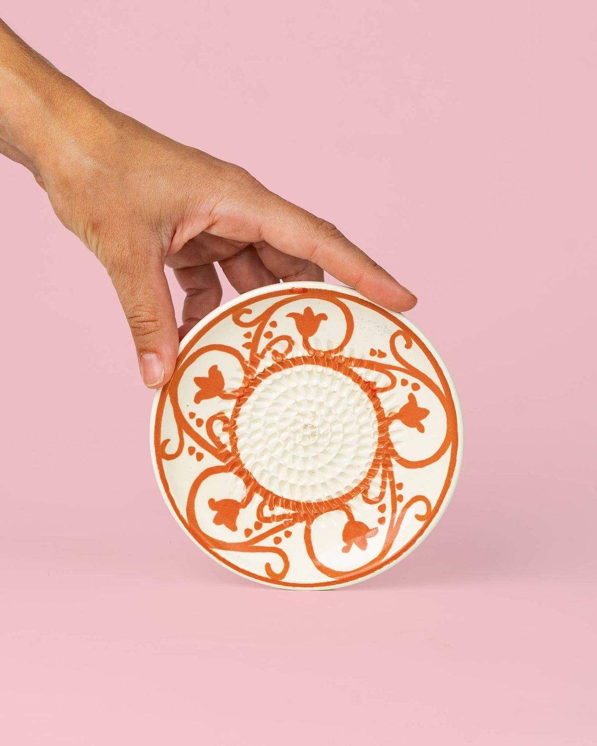 Ceramic Garlic Grater Plate - Small Orange & Beige