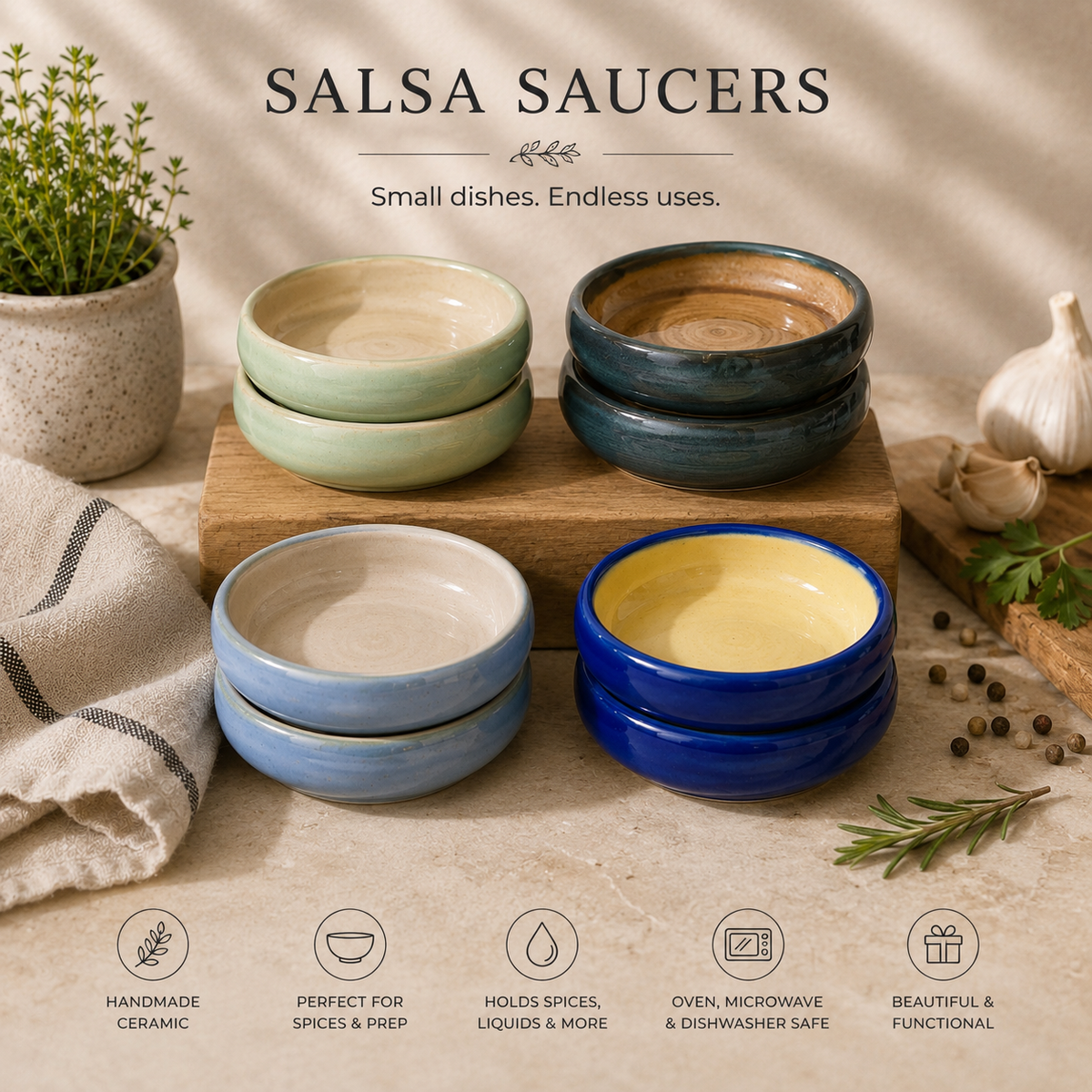 Set of 2: Ceramic Pinch Bowls | Cooking Prep Saucers | Sauce Dishes