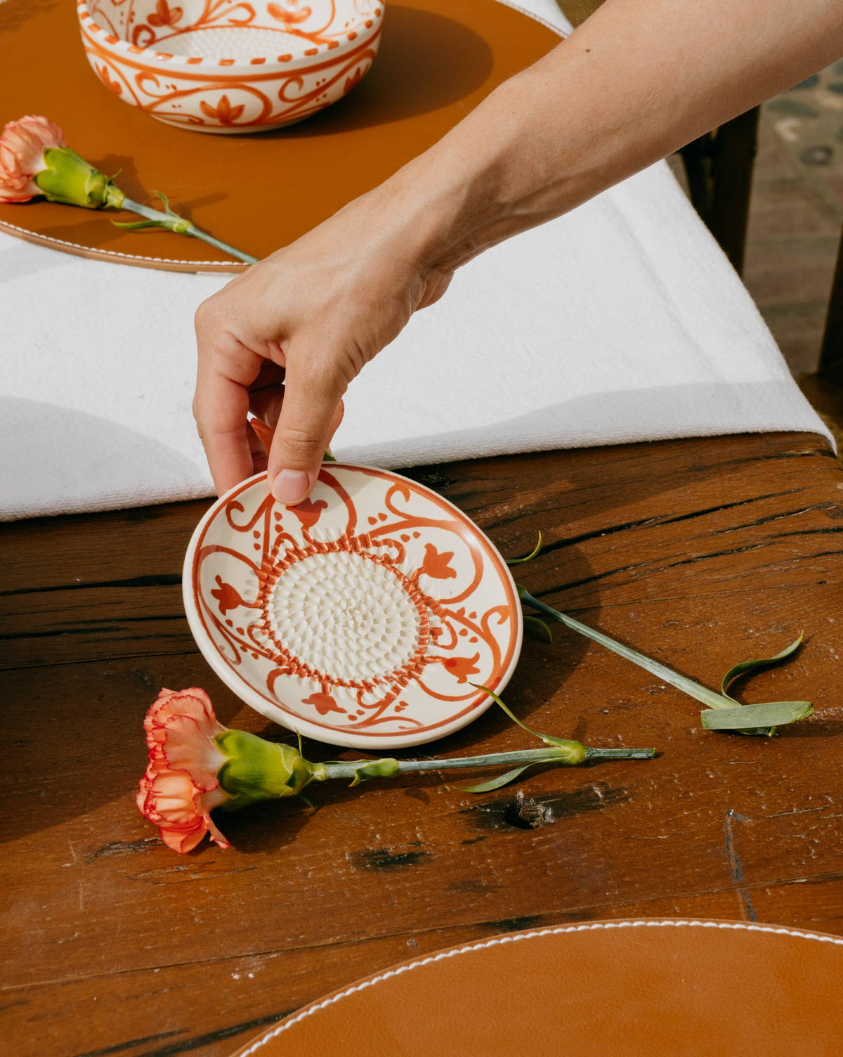 Ceramic Garlic Grater Plate - Small Orange & Beige