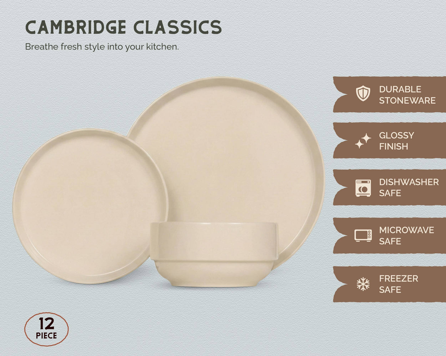 Kook Dinnerware Set, 12 Piece, Ceramic, Cambridge Classics
