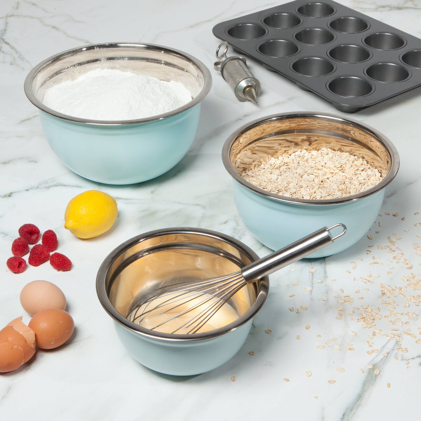 Matte Steel Robins Egg Blue Mixing Bowls Set of 3