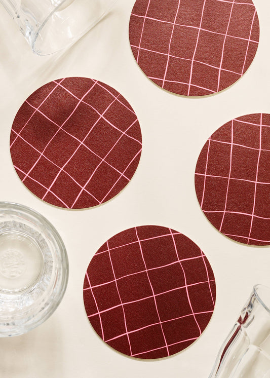 Pink and Burgundy Windowpane Plaid Coaster - Set of 4