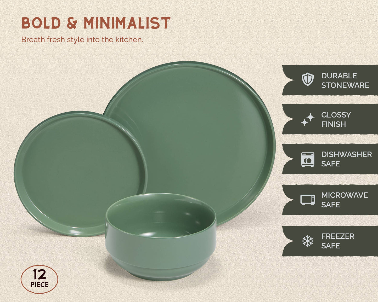 Kook Dinnerware Set, 12 Piece Service for 4, Ceramic