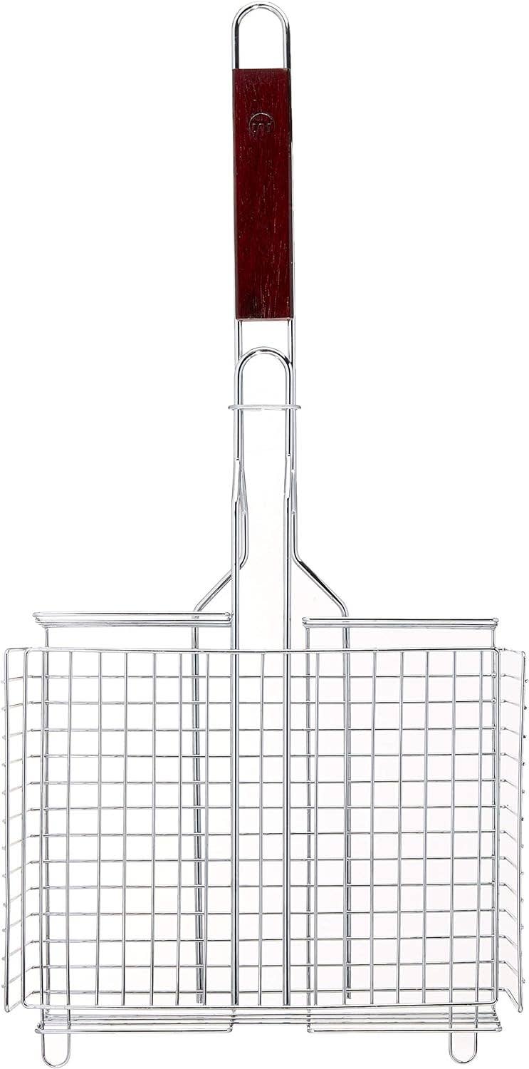 Outset Chrome Grill Basket with Rosewood Handle, 25" Long