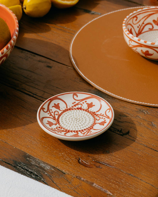 Ceramic Garlic Grater Plate - Small Orange & Beige