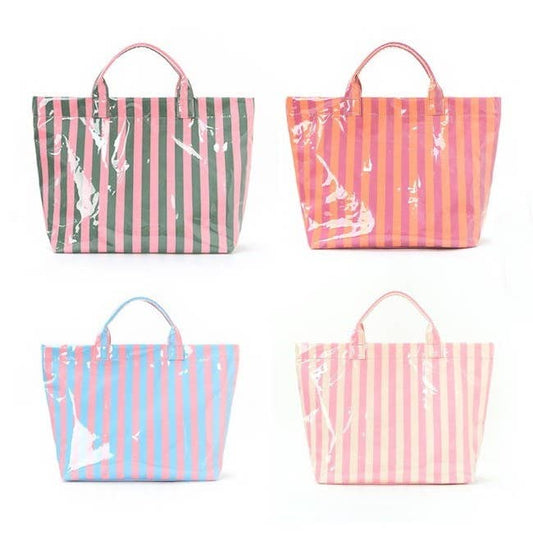 Four striped clear bags in different colors on a white background