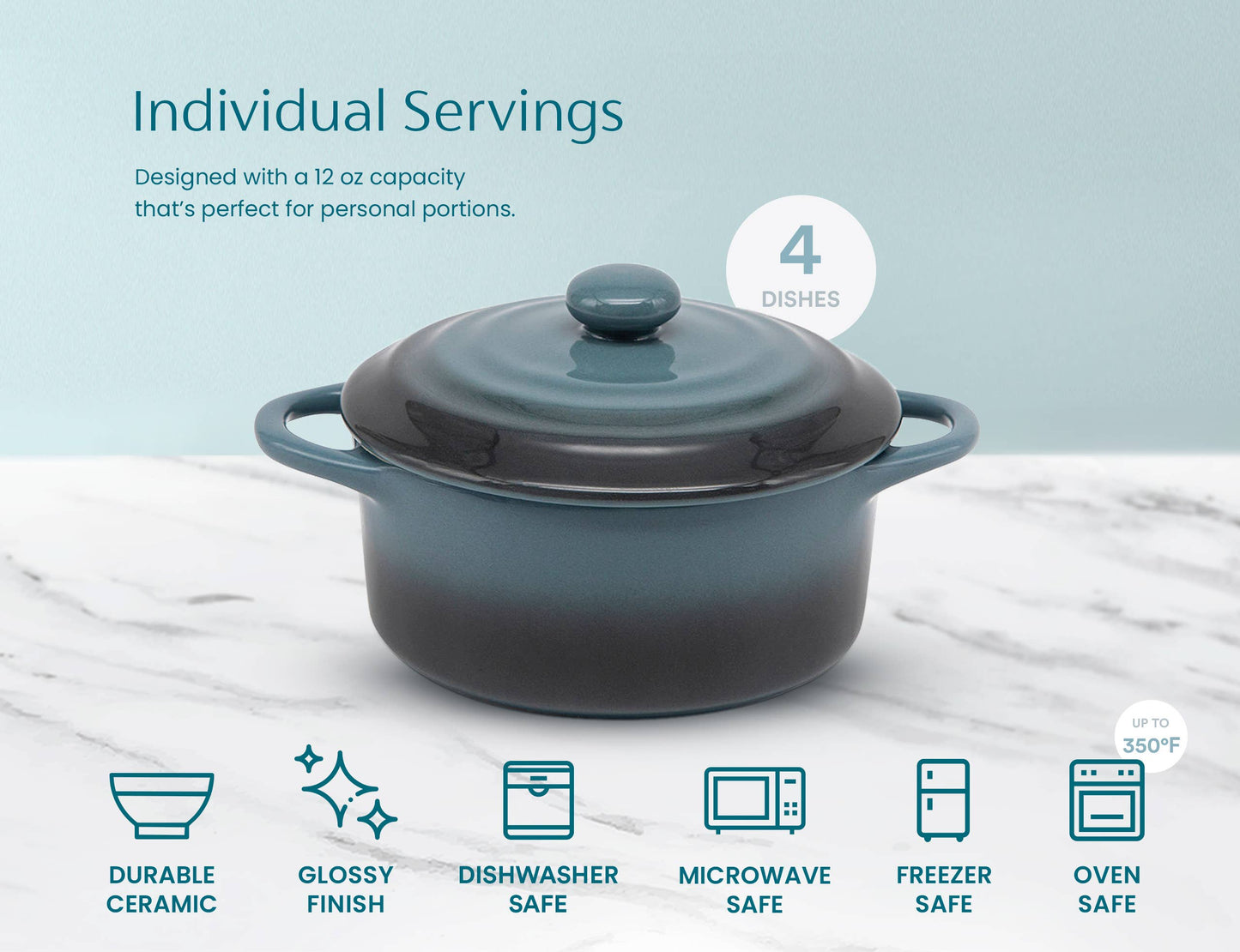 Kook Mini Casserole Dishes & Lids, Ceramic, 12 oz, Set of 4
