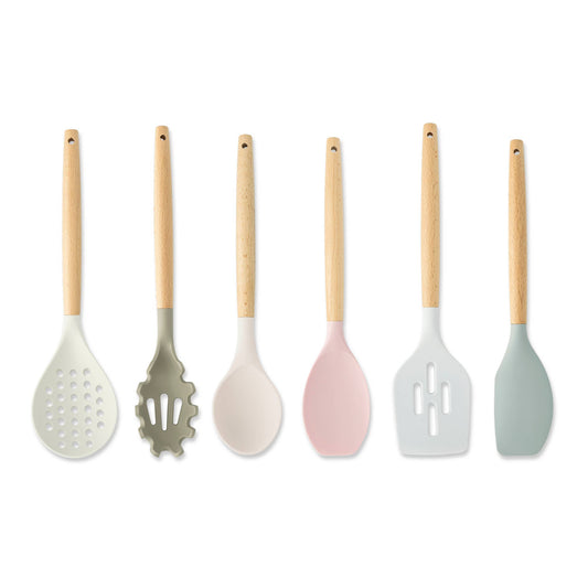 6pc Beechwood & Silicone Utensil Set - FS/LGY/BRG/RWP/LIA/OV