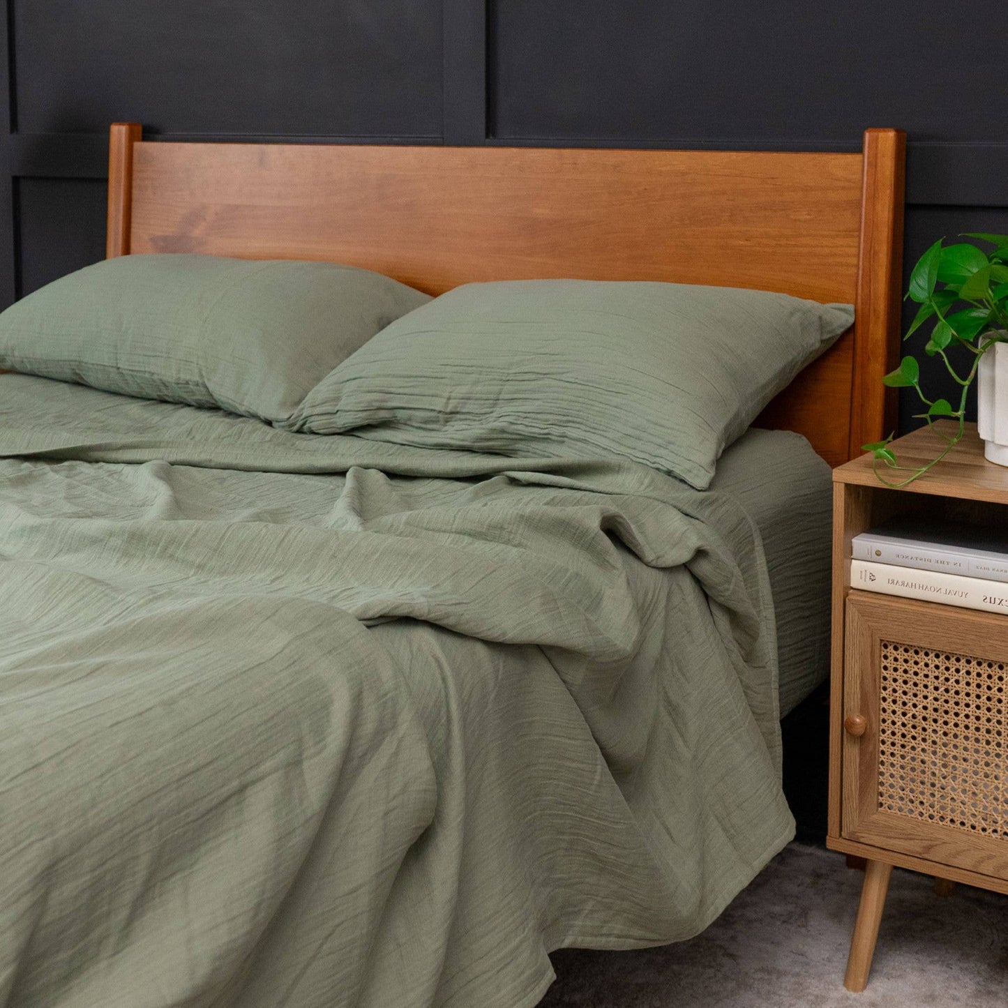 Zen Crinkled Comfort 4-Piece Cotton Sheet Set (Matcha Green)