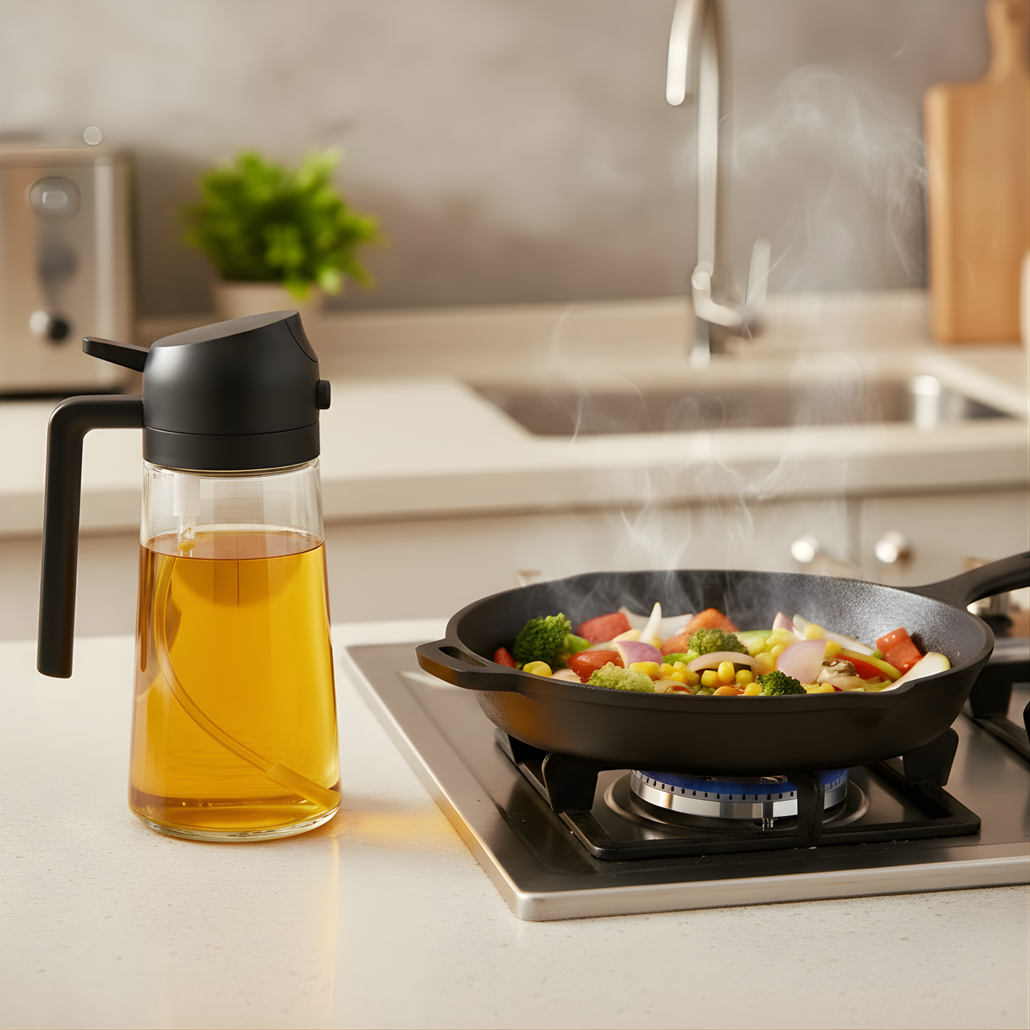 2-in-1 Glass Olive Oil Spray & Pour Bottle — 16 oz — Black