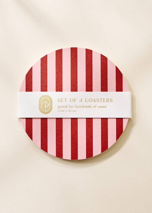 Pink and Maroon Striped Coaster - Set of 4