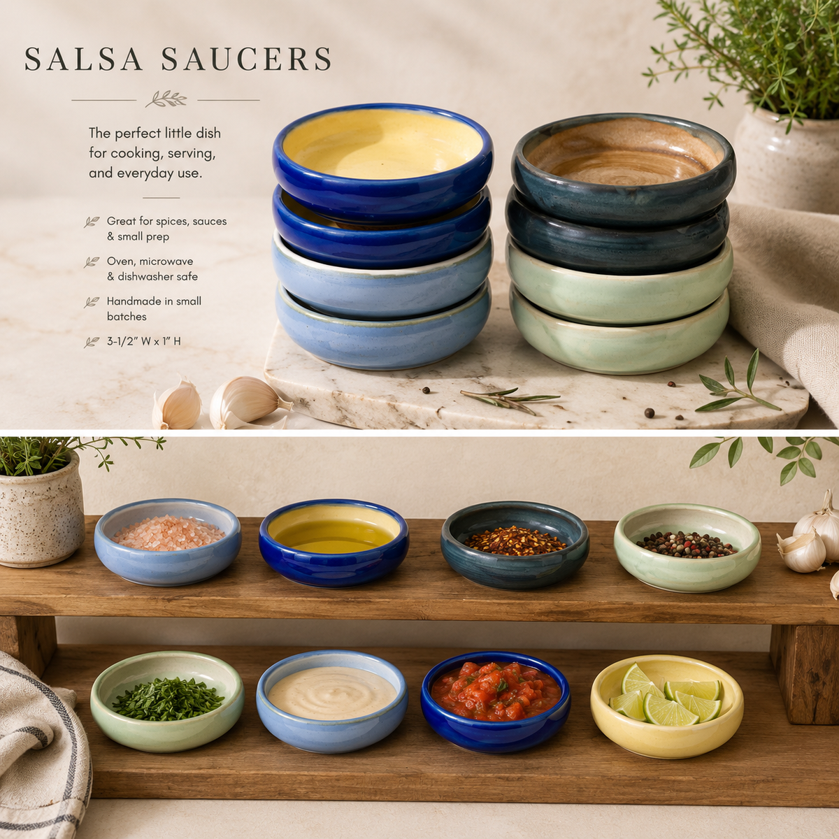 Set of 2: Ceramic Pinch Bowls | Cooking Prep Saucers | Sauce Dishes