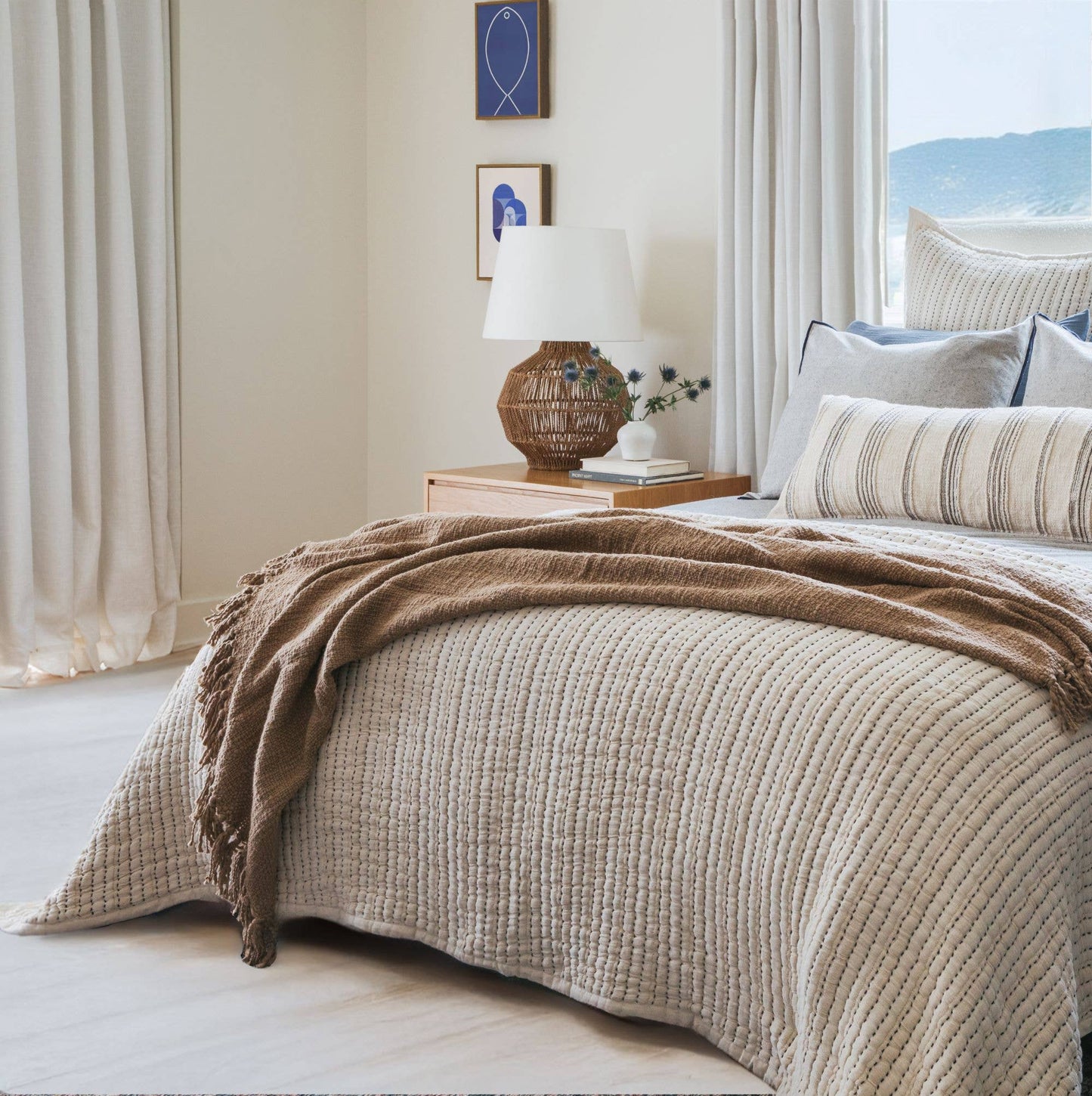 Coastal Stitch Quilted Bedspread, Cream/Blue
