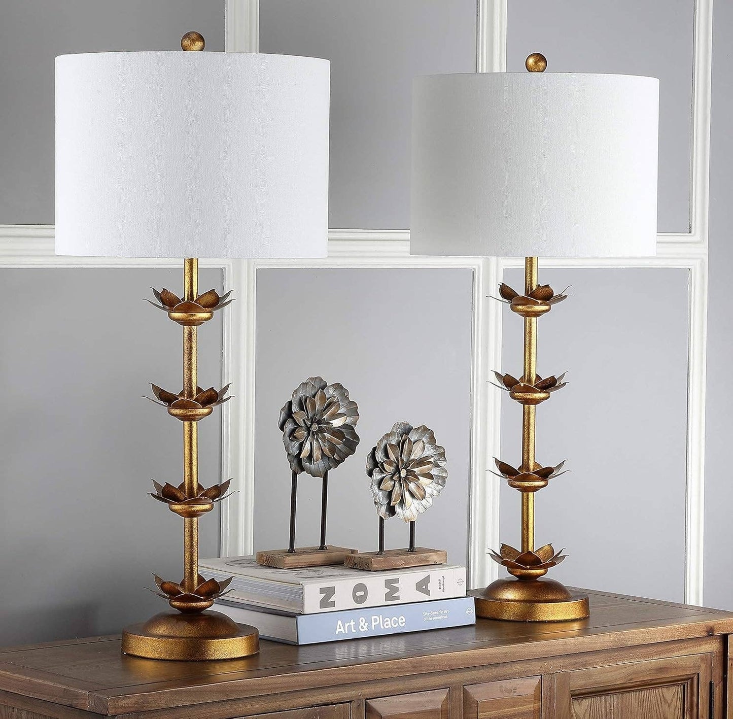 Antique Gold Leaf 32-Inch Table Lamps with White Drum Shade, Set of 2