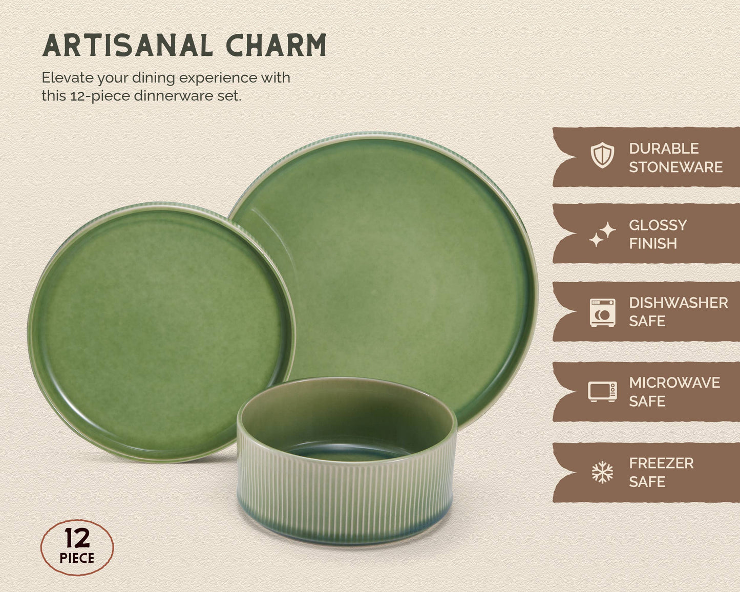 Kook Ceramic Dinnerware Set, 12 Piece, Service for 4