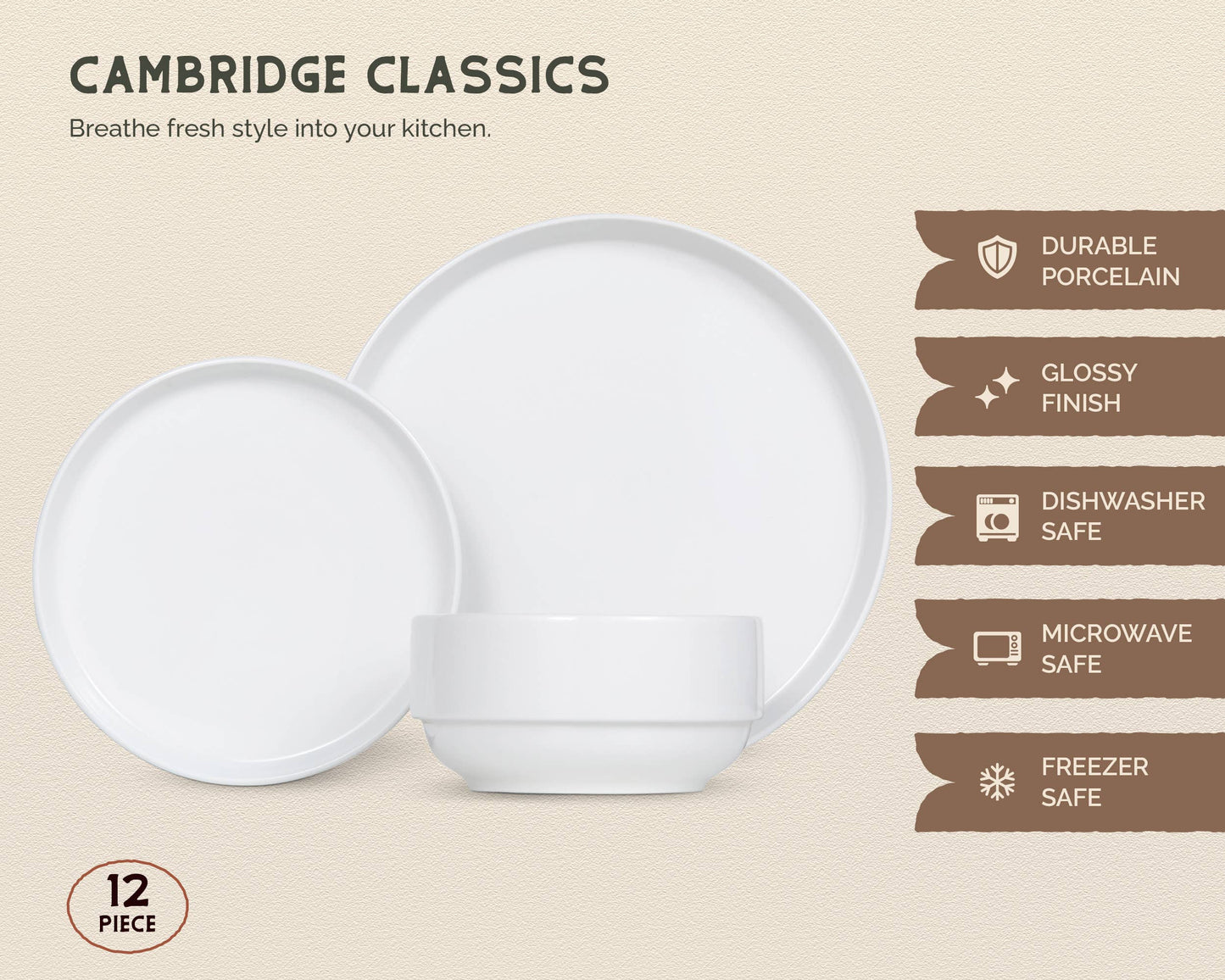 Kook Dinnerware Set, 12 Piece, Ceramic, Cambridge Classics
