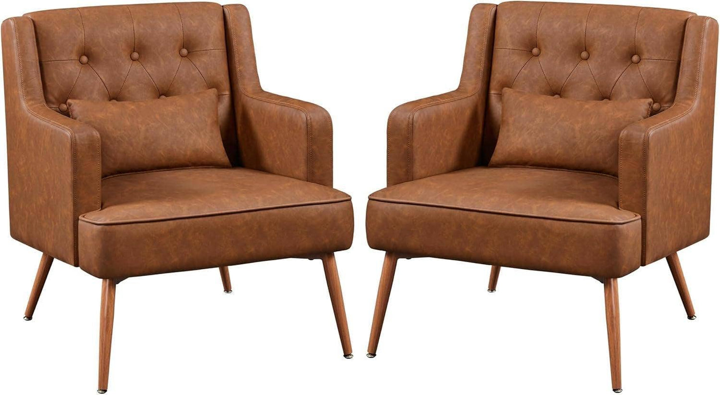 Two Brown Leatherette Mid Century Accent Chairs Set