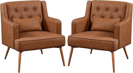 Two Brown Leatherette Mid Century Accent Chairs Set