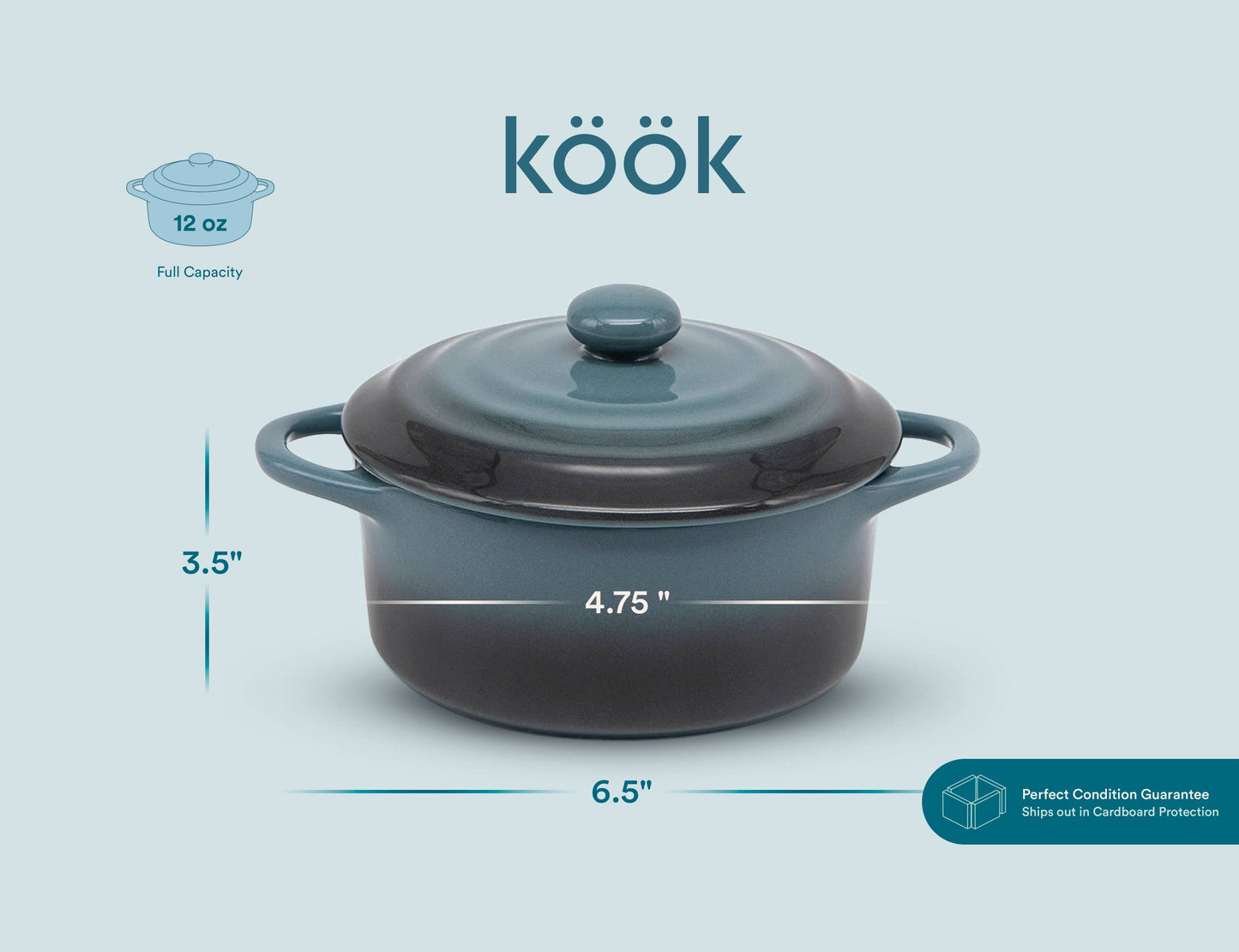 Kook Mini Casserole Dishes & Lids, Ceramic, 12 oz, Set of 4