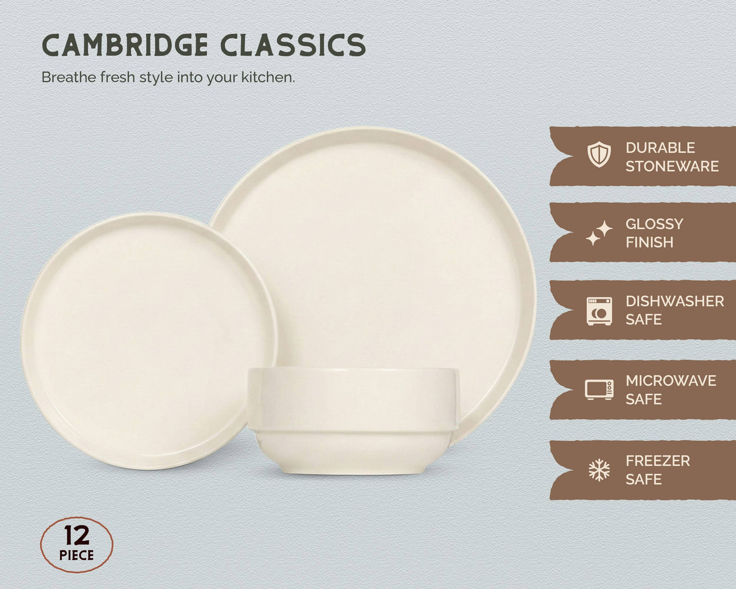 Kook Dinnerware Set, 12 Piece, Ceramic, Cambridge Classics